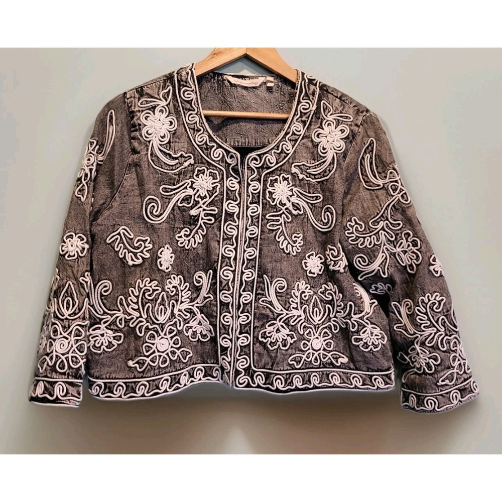 Soft Surroundings Wildwood  Acid Wash Floral Embroidered Rope Bolero Jacket Sz L